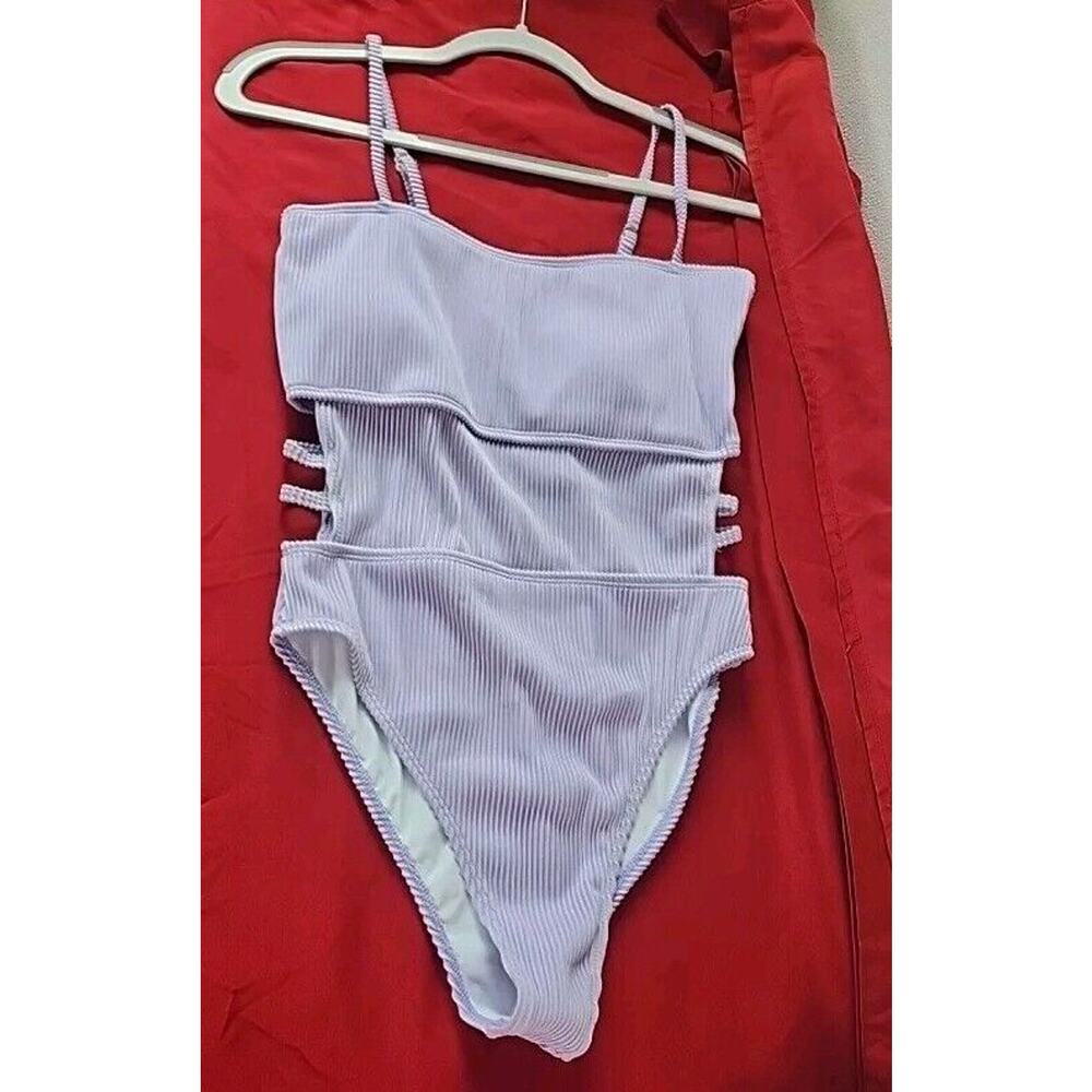 S - M Ribbed Cut Out One Piece Swimsuit High Leg Cut Women Swimwear Lavender